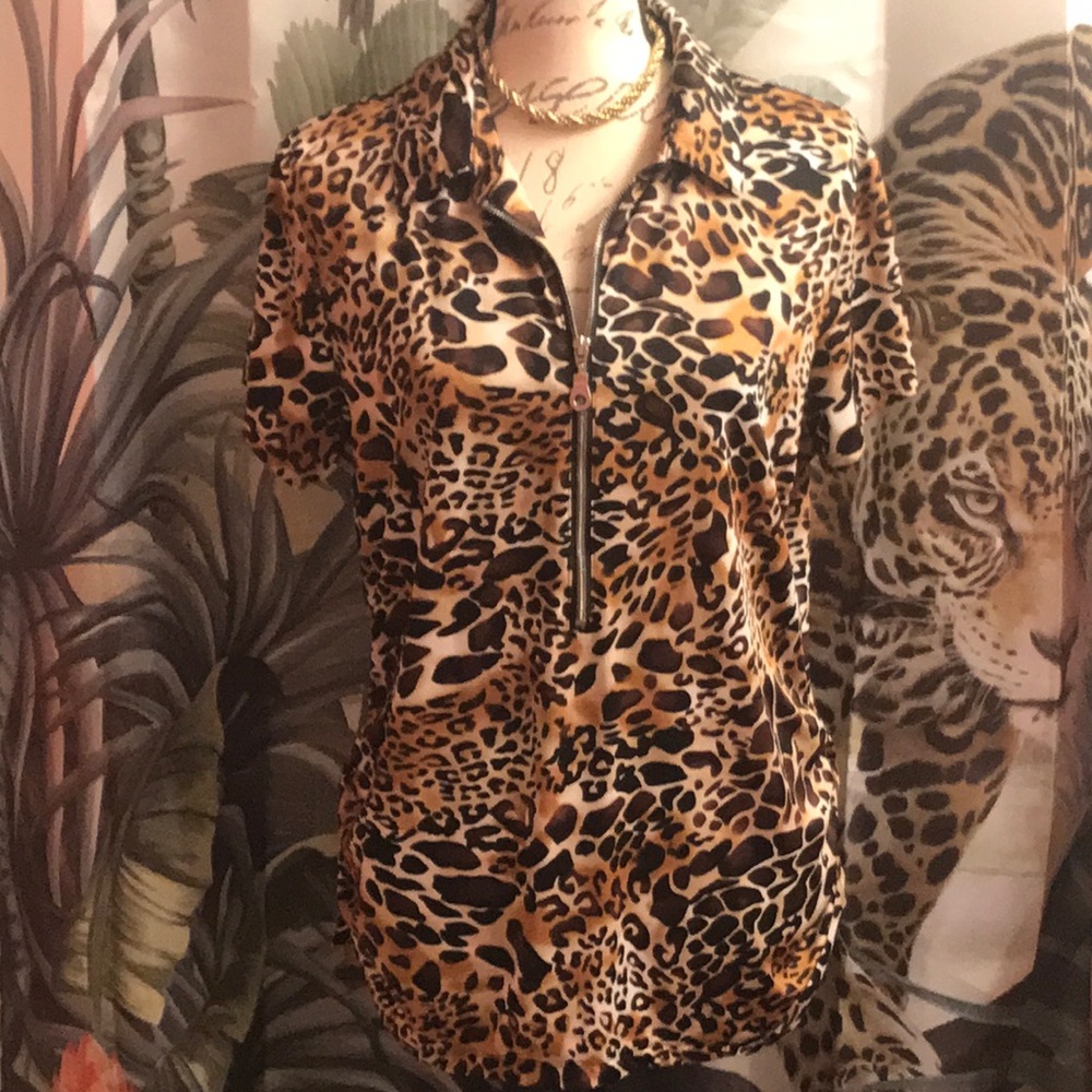 COCOMO ANIMAL PRINT ZIP FRONT CINCHED SIDE TUNIC SIZE LARGE